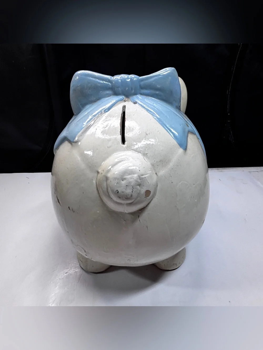 Vtg Ceramic Pottery Pig Piggy Bank  1940s 50s Large Blue Bow Grandma Country